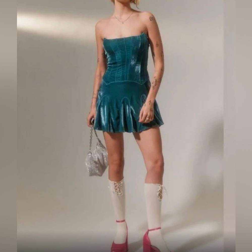 Urban Outfitters Antoinette Velvet Mini Dress Teal Size S